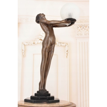 Stojąca Lampa Art Deco - Kobieta z Kulą Figura Rzeźba z Brązu Lampka Klosz