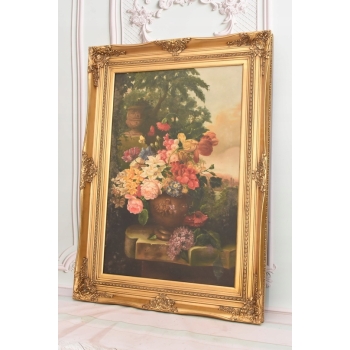 Obraz na Płótnie Martwa Natura - Kolorowe Kwiaty w Wazonie - Złota Rama