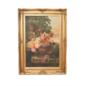 Obraz na Płótnie Martwa Natura - Kolorowe Kwiaty w Wazonie - Złota Rama