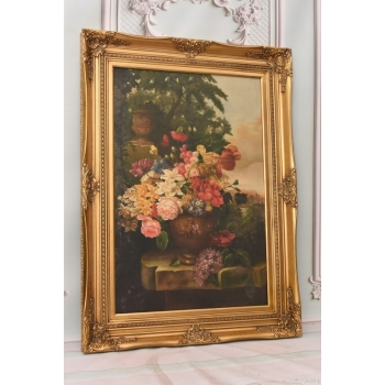 Obraz na Płótnie Martwa Natura - Kolorowe Kwiaty w Wazonie - Złota Rama