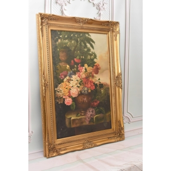 Obraz na Płótnie Martwa Natura - Kolorowe Kwiaty w Wazonie - Złota Rama