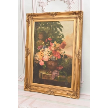 Obraz na Płótnie Martwa Natura - Kolorowe Kwiaty w Wazonie - Złota Rama