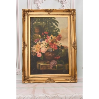 Obraz na Płótnie Martwa Natura - Kolorowe Kwiaty w Wazonie - Złota Rama