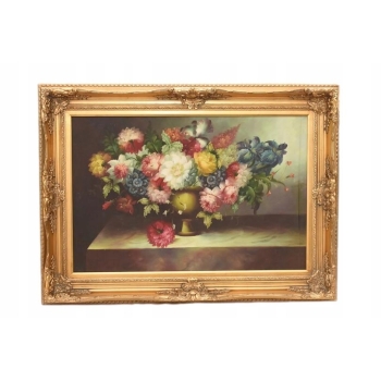 Obraz Olejny Na Płotnie - Kwiaty w Wazonie - Martwa Natura - Złota Rama