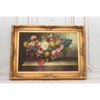 Obraz Olejny Na Płotnie - Kwiaty w Wazonie - Martwa Natura - Złota Rama