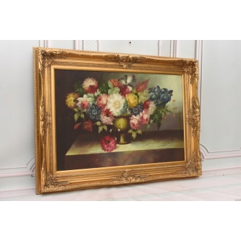 Obraz Olejny Na Płotnie - Kwiaty w Wazonie - Martwa Natura - Złota Rama