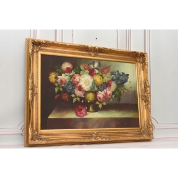 Obraz Olejny Na Płotnie - Kwiaty w Wazonie - Martwa Natura - Złota Rama