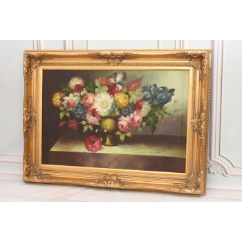 Obraz Olejny Na Płotnie - Kwiaty w Wazonie - Martwa Natura - Złota Rama