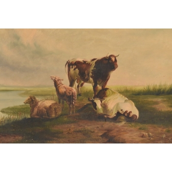 Scena Rodzajowa - Stado Krów Na Pastwisku - Obraz Olejny - Złota Rama