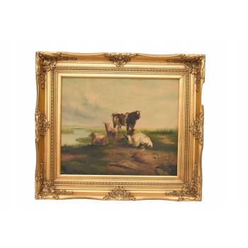 Scena Rodzajowa - Stado Krów Na Pastwisku - Obraz Olejny - Złota Rama