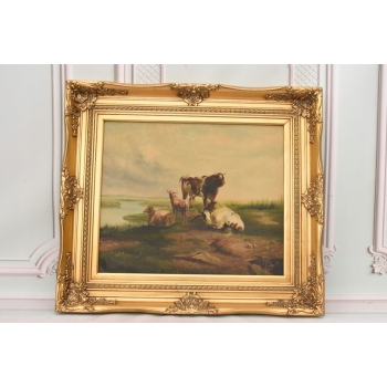Scena Rodzajowa - Stado Krów Na Pastwisku - Obraz Olejny - Złota Rama
