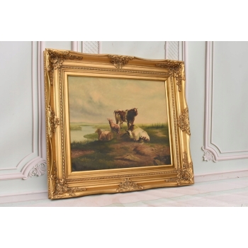 Scena Rodzajowa - Stado Krów Na Pastwisku - Obraz Olejny - Złota Rama