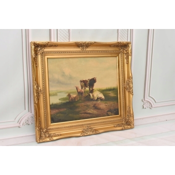 Scena Rodzajowa - Stado Krów Na Pastwisku - Obraz Olejny - Złota Rama
