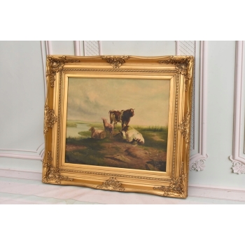 Scena Rodzajowa - Stado Krów Na Pastwisku - Obraz Olejny - Złota Rama