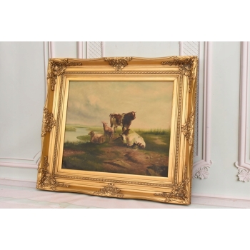 Scena Rodzajowa - Stado Krów Na Pastwisku - Obraz Olejny - Złota Rama