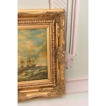 Żaglówki Na Wzburzonym Morzu - Marynistyczny Obraz Olejny Statki Złota Rama