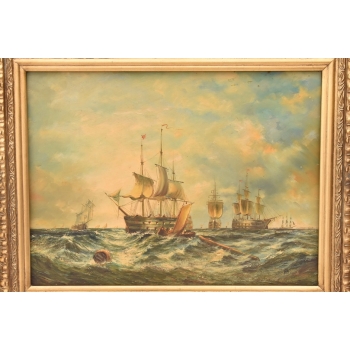 Żaglówki Na Wzburzonym Morzu - Marynistyczny Obraz Olejny Statki Złota Rama
