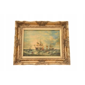 Żaglówki Na Wzburzonym Morzu - Marynistyczny Obraz Olejny Statki Złota Rama