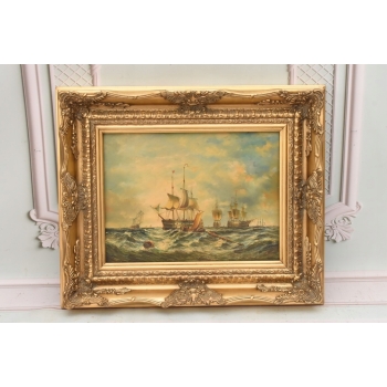 Żaglówki Na Wzburzonym Morzu - Marynistyczny Obraz Olejny Statki Złota Rama