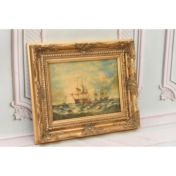 Żaglówki Na Wzburzonym Morzu - Marynistyczny Obraz Olejny Statki Złota Rama