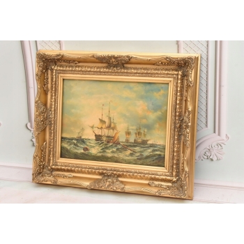 Żaglówki Na Wzburzonym Morzu - Marynistyczny Obraz Olejny Statki Złota Rama