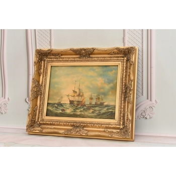 Żaglówki Na Wzburzonym Morzu - Marynistyczny Obraz Olejny Statki Złota Rama