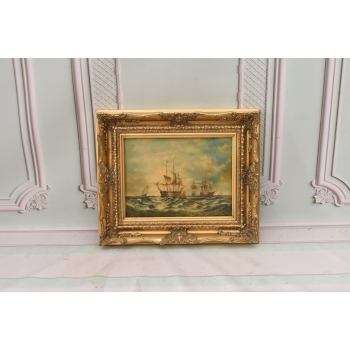 Żaglówki Na Wzburzonym Morzu - Marynistyczny Obraz Olejny Statki Złota Rama
