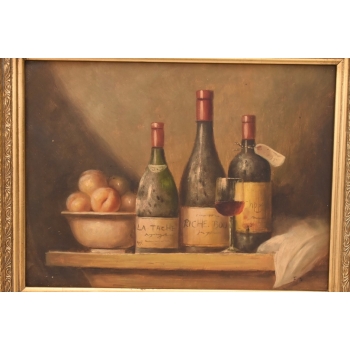 Trzy Butelki Wina - Martwa Natura - Obraz Olejny - Złota Secesyjna Rama