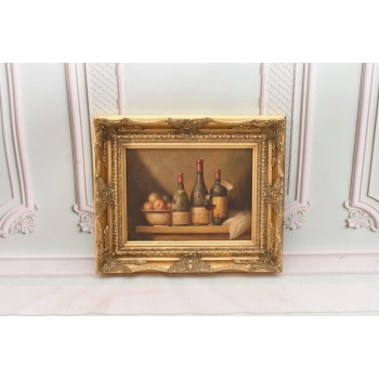 Trzy Butelki Wina - Martwa Natura - Obraz Olejny - Złota Secesyjna Rama