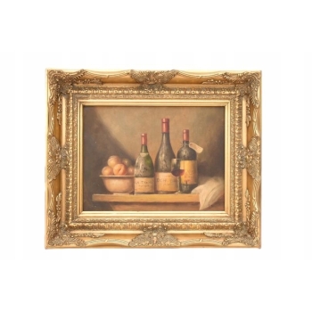 Trzy Butelki Wina - Martwa Natura - Obraz Olejny - Złota Secesyjna Rama
