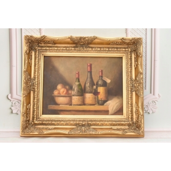 Trzy Butelki Wina - Martwa Natura - Obraz Olejny - Złota Secesyjna Rama
