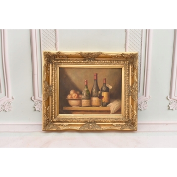 Trzy Butelki Wina - Martwa Natura - Obraz Olejny - Złota Secesyjna Rama