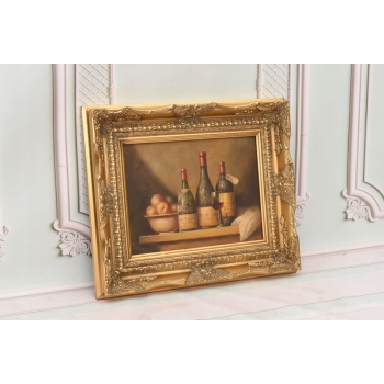 Trzy Butelki Wina - Martwa Natura - Obraz Olejny - Złota Secesyjna Rama