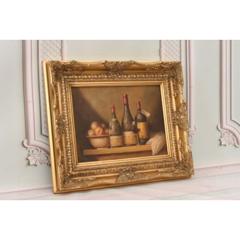 Trzy Butelki Wina - Martwa Natura - Obraz Olejny - Złota Secesyjna Rama