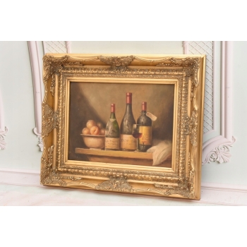 Trzy Butelki Wina - Martwa Natura - Obraz Olejny - Złota Secesyjna Rama