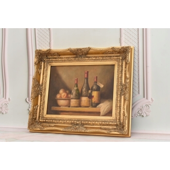 Trzy Butelki Wina - Martwa Natura - Obraz Olejny - Złota Secesyjna Rama