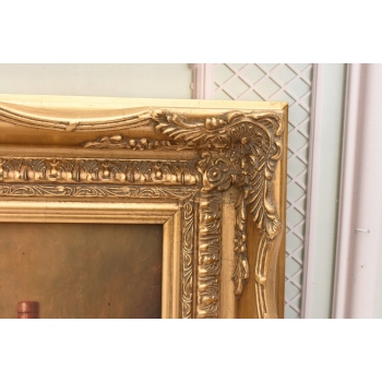 Trzy Butelki Wina - Martwa Natura - Obraz Olejny - Złota Secesyjna Rama