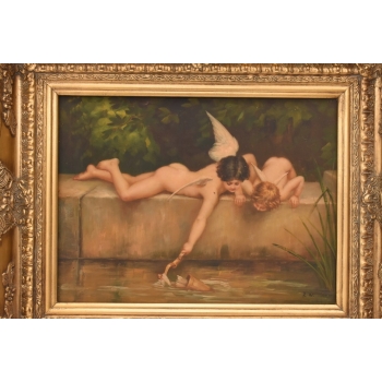 Fischend Amor – Dwa Amory Łowiące Strzały – Anioły Obraz Olejny Złota Rama