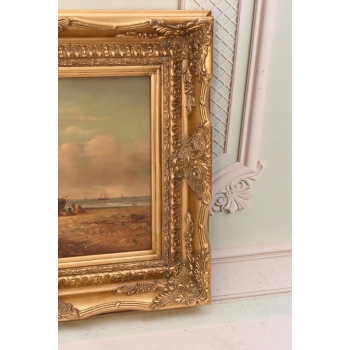 Naprawa Statku Na Brzegu Morza - Marynistyczny Obraz Olejny - Złota Rama