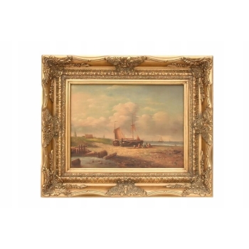 Naprawa Statku Na Brzegu Morza - Marynistyczny Obraz Olejny - Złota Rama