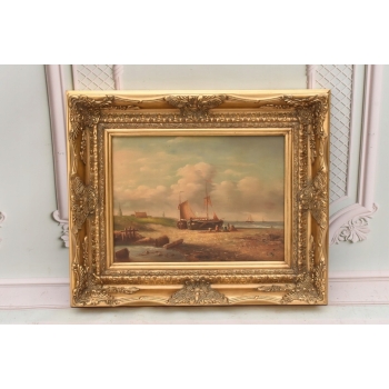 Naprawa Statku Na Brzegu Morza - Marynistyczny Obraz Olejny - Złota Rama