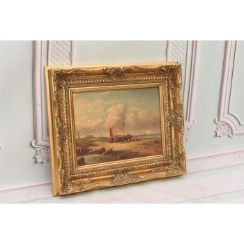 Naprawa Statku Na Brzegu Morza - Marynistyczny Obraz Olejny - Złota Rama