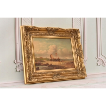 Naprawa Statku Na Brzegu Morza - Marynistyczny Obraz Olejny - Złota Rama