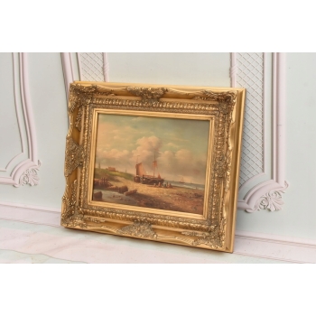 Naprawa Statku Na Brzegu Morza - Marynistyczny Obraz Olejny - Złota Rama