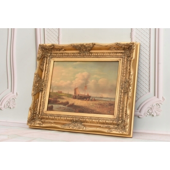 Naprawa Statku Na Brzegu Morza - Marynistyczny Obraz Olejny - Złota Rama