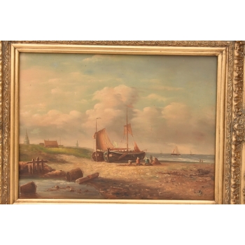Naprawa Statku Na Brzegu Morza - Marynistyczny Obraz Olejny - Złota Rama