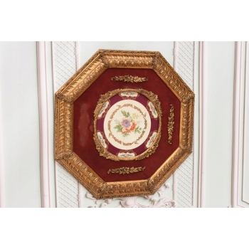 Pałacowy Obraz Na Porcelanie - Złota Rama 8kąt - Medalion Kwiaty Uszkodzona