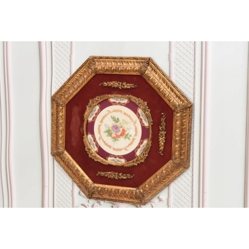 Pałacowy Obraz Na Porcelanie - Złota Rama 8kąt - Medalion Kwiaty Uszkodzona