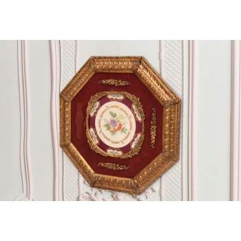 Pałacowy Obraz Na Porcelanie - Złota Rama 8kąt - Medalion Kwiaty Uszkodzona