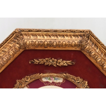 Pałacowy Obraz Na Porcelanie - Złota Rama 8kąt - Medalion Kwiaty Uszkodzona